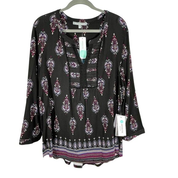 NWT Daniel Rainn Petoka Split-Neck Knit Peasant Blouse Pleated Crochet Black XXL - Picture 2 of 15